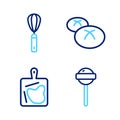 Set line Lollipop, Cutting board, Bread loaf and Kitchen whisk icon. Vector