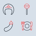 Set line Lollipop, Eggplant, Plate, fork and knife and Fish steak icon. Vector