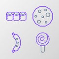 Set line Lollipop, Hotdog, Cookie or biscuit and Sushi icon. Vector