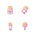 Set line Lollipop, Milkshake, Cherry jam jar and Christmas candy cane. Gradient color icons. Vector Royalty Free Stock Photo