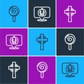 Set line Lollipop, Tombstone with cross and Pumpkin icon. Vector