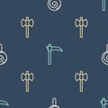 Set line Lollipop, Wooden axe and Scythe on seamless pattern. Vector