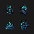 Set line London eye, British crown, Money bag with pound and underground. Gradient color icons. Vector