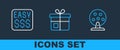 Set line Lottery machine, Money prize casino and Gift box icon. Vector