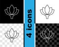 Set line Lotus flower icon isolated on black and white, transparent background. Vector Royalty Free Stock Photo