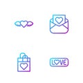 Set line Love text, Shopping bag with heart, Heart wings and Envelope Valentine. Gradient color icons. Vector