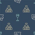 Set line Love ticket, Couple in love and Wine glass on seamless pattern. Vector Royalty Free Stock Photo