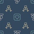 Set line Lover couple, Glass of champagne and Heart on seamless pattern. Vector