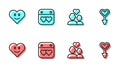 Set line Lover couple, Heart, Calendar with heart and Female gender symbol icon. Vector