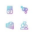 Set line Lover couple, Wedding cake, Chocolate bar and Gender. Gradient color icons. Vector
