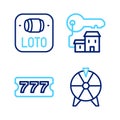 Set line Lucky wheel, Lottery ticket, Winning house with key and icon. Vector