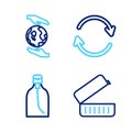 Set line Lunch box, Bottle of liquid soap, Refresh and Hands holding Earth globe icon. Vector