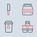 Set line Lunch box, Cup of tea, Coffee cup to go and Knife icon. Vector