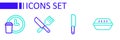 Set line Lunch box, Knife, Crossed knife and fork and Round the clock delivery icon. Vector