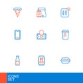 Set line Lunch box, Soda can, Sauce bottle, Cup of tea, Food ordering on mobile, and Online food icon. Vector