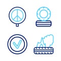 Set line Lying burning tires, Check mark round, and Peace icon. Vector