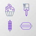 Set line Macaron cookie, Cereals with rice, wheat, corn, oats, rye, Kitchen brush and Cupcake icon. Vector