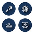 Set line Mace with spikes, Round wooden shield, King crown and Crusade with long shadow. Blue circle button. Vector Royalty Free Stock Photo