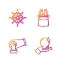 Set line Magic ball on hand, Cannon, Spider web and Magician hat and rabbit ears. Gradient color icons. Vector