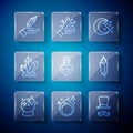 Set line Magic ball, stone ring, Magician, Moon and stars, Bottle with potion, and icon. Vector Royalty Free Stock Photo