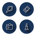 Set line Magic hand mirror, Circus ticket, Wallet and Burning candle with long shadow. Blue circle button. Vector Royalty Free Stock Photo