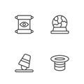 Set line Magic hat, Game thimbles, scroll and ball icon. Vector