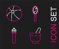 Set line Magic mortar and pestle, staff, hand mirror and Beach ball icon. Vector Royalty Free Stock Photo