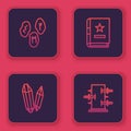 Set line Magic runes, stone, Ancient magic book and Trunk for tricks. Blue square button. Vector Royalty Free Stock Photo