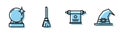 Set line Magic scroll, Magic ball, Witches broom and Witch hat icon. Vector Royalty Free Stock Photo
