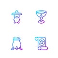Set line Magic scroll, Witch cauldron, Wizard warlock and Medieval goblet. Gradient color icons. Vector