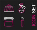 Set line Magic staff, Magician hat, Bottle with love potion and Circus tent icon. Vector