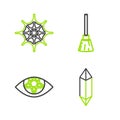 Set line Magic stone, Pentagram, Witches broom and Spider web icon. Vector Royalty Free Stock Photo