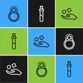 Set line Magic stone ring with gem, Cube levitating above hand and Bottle love potion icon. Vector