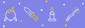 Set line Magic wand, Burning candle, Dagger and Witch cauldron icon. Vector Royalty Free Stock Photo