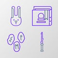 Set line Magic wand, runes, Ancient magic book and Rabbit with ears icon. Vector Royalty Free Stock Photo