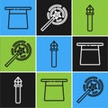 Set line Magician hat, Magic staff and Magic wand icon. Vector