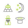 Set line Magician hat, Moon and stars and Masons icon. Vector