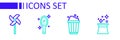 Set line Magician hat, Popcorn in cardboard box, hand mirror and Pinwheel toy icon. Vector