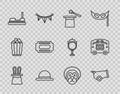 Set line Magician hat and rabbit ears, Cannon, wand, Clown, Bumper car, Circus ticket, Wild lion and wagon icon. Vector Royalty Free Stock Photo