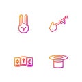 Set line Magician hat, Three tarot cards, Rabbit with ears and Spell. Gradient color icons. Vector