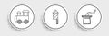 Set line Magician hat, Toy train and Firework rocket icon. Vector Royalty Free Stock Photo