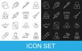 Set line Magician, Poison apple, Witches broom, staff, Medieval sword, Moon and stars and Castle tower icon. Vector