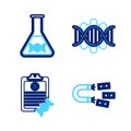 Set line Magnet with money, Clipboard DNA analysis, Genetic engineering and research, search icon. Vector