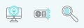 Set line Magnifying glass with Bitcoin, Monitor and Cryptocurrency Ethereum ETH and Mining farm icon. Vector
