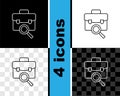 Set line Magnifying glass with briefcase icon isolated on black and white, transparent background. Job hunting. Work Royalty Free Stock Photo