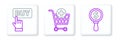Set line Magnifying glass and dollar, Buy button and Add Shopping cart icon. Vector