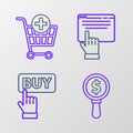 Set line Magnifying glass and dollar, Buy button, Online shopping screen and Add Shopping cart icon. Vector Royalty Free Stock Photo