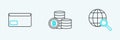 Set line Magnifying glass with globe, Envelope and Cryptocurrency coin Bitcoin icon. Vector