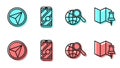 Set line Magnifying glass with globe, Infographic of city map navigation, City map navigation and Folded map with push