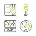 Set line Magnifying glass with globe, Monitor location marker, Push pin and City map navigation icon. Vector